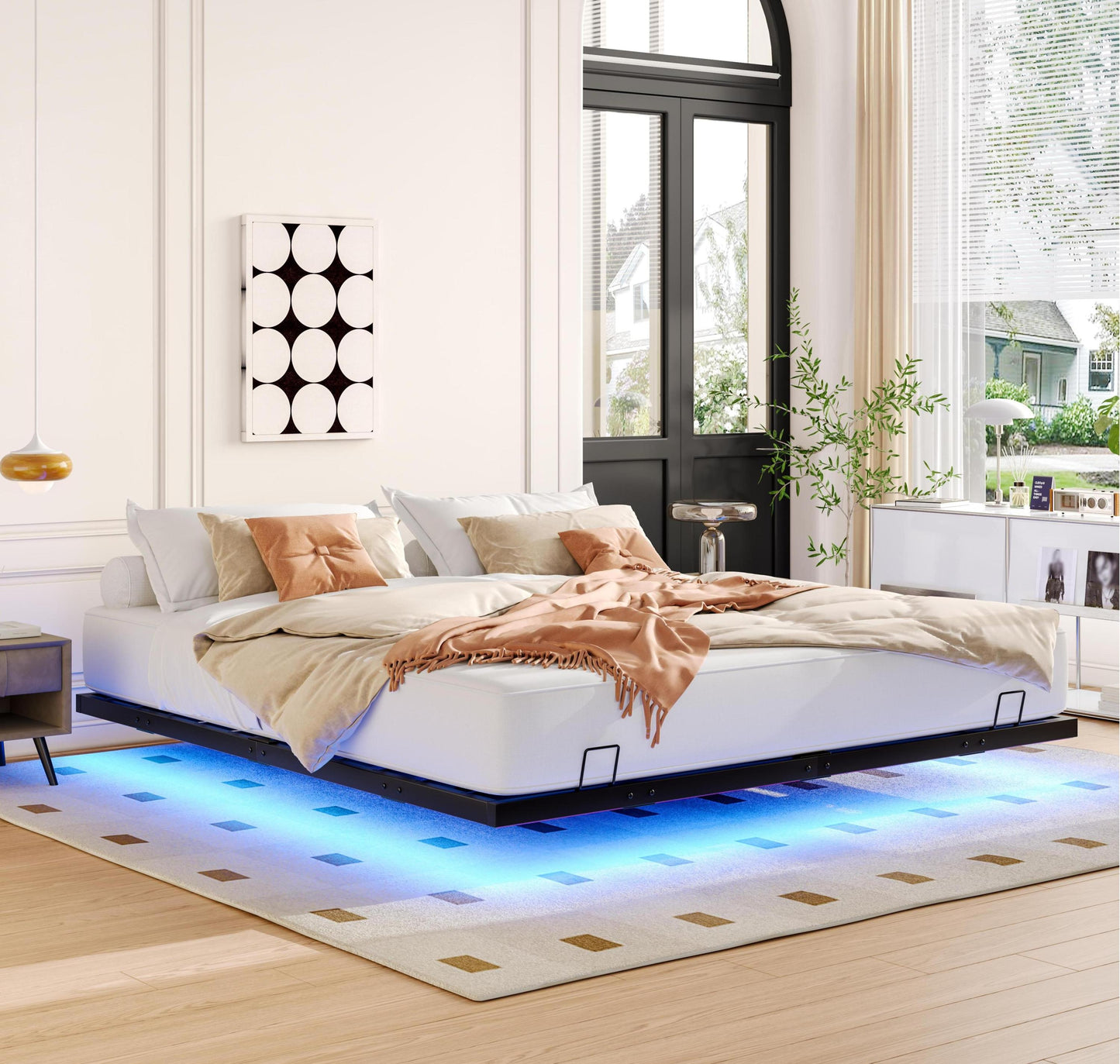 King Size Floating Bed Frames with LED Lights, Metal Platform Bed