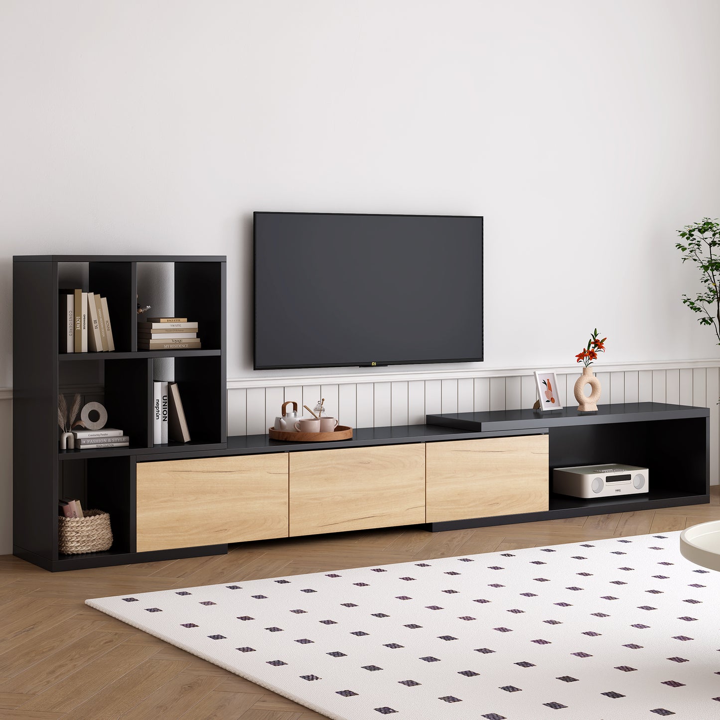 74.8''-126'' The Kai Extendable TV Stand and Media Console, Black
