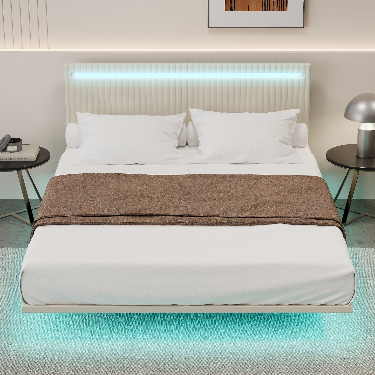 Modern Upholstered Floating Bed Frame with LED Lights. Queen Size, Beige