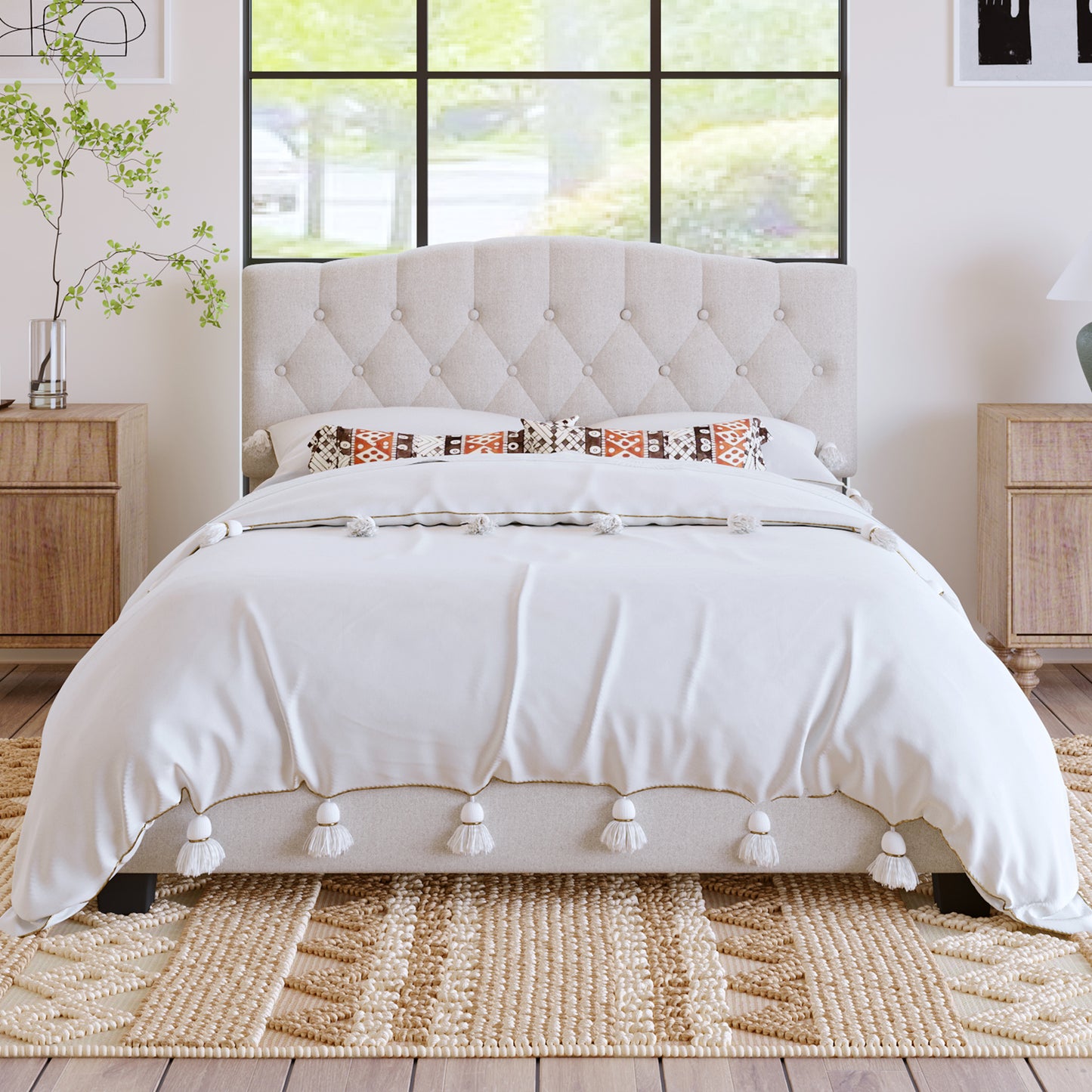 Upholstered Platform Bed with Saddle Curved Headboard and Diamond Tufted Details. Queen size, Beige