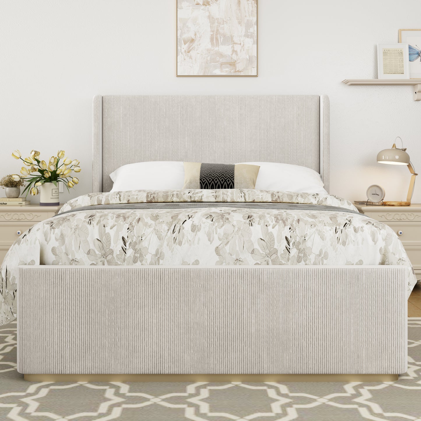 King Size Corduroy Upholstered Bed Frame. Light Grey