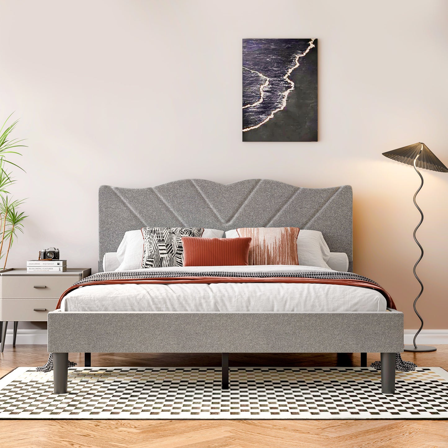 Modern Platform Bed Frame with Upholstered Headboard & Wooden Slats - Queen size, Grey