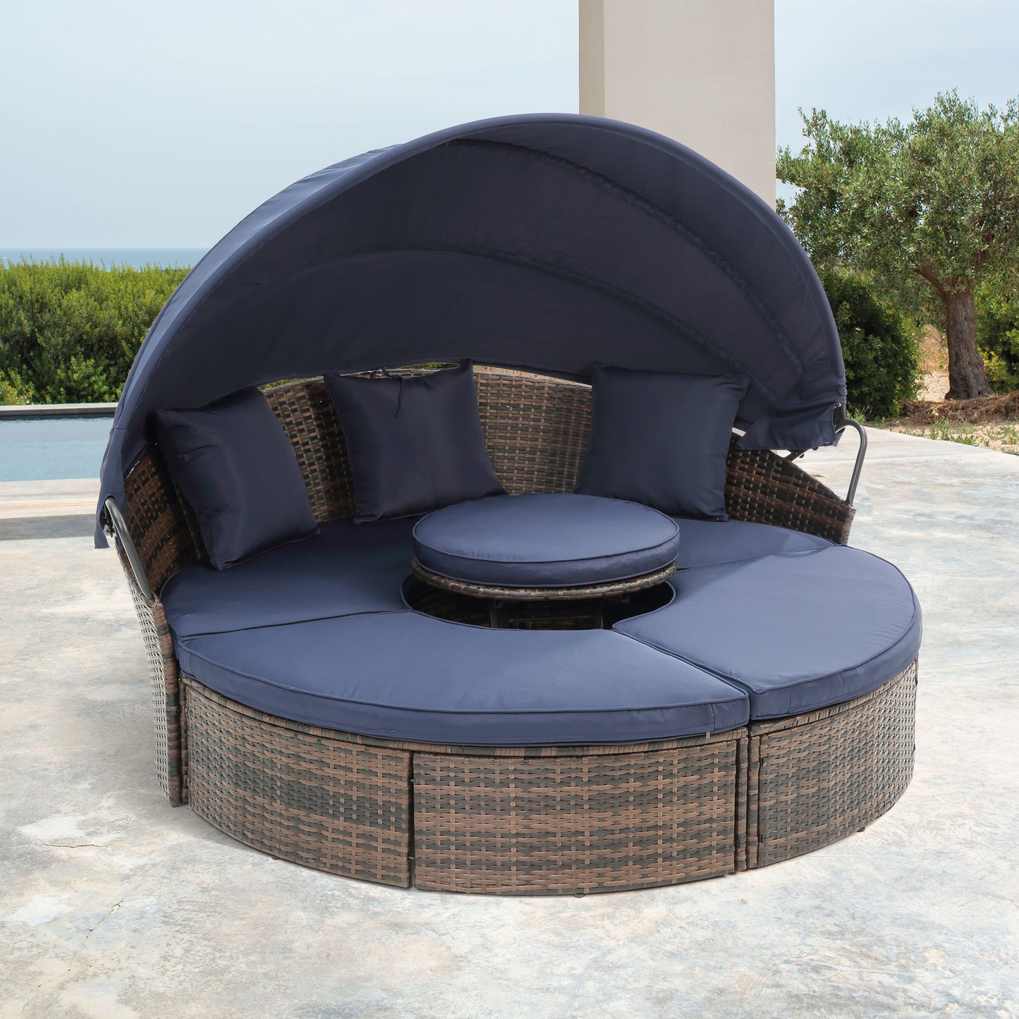 KD Rattan Round Lounge Wicker Outdoor Sofa Bed, Blue.