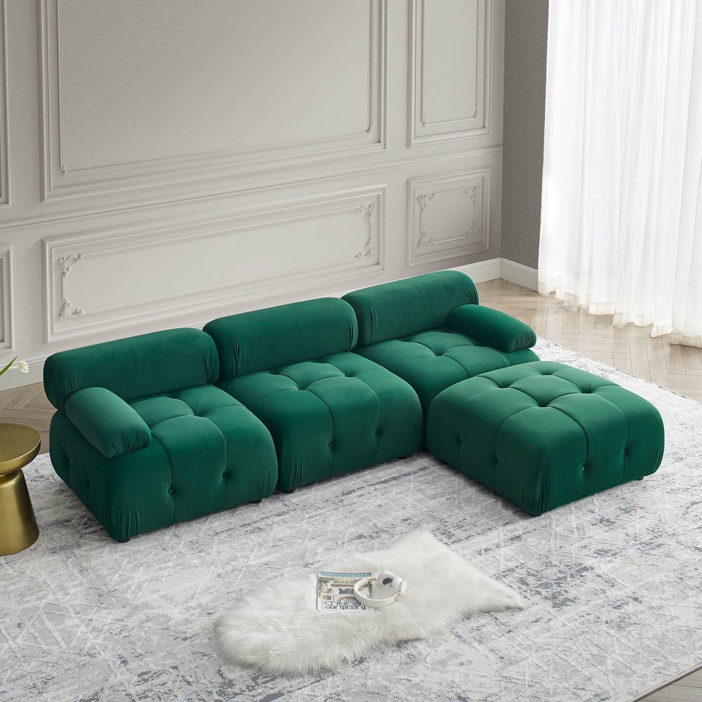 Modular Sectional Sofa,  L Shaped Couch With Reversible Ottoman, Green Velvet