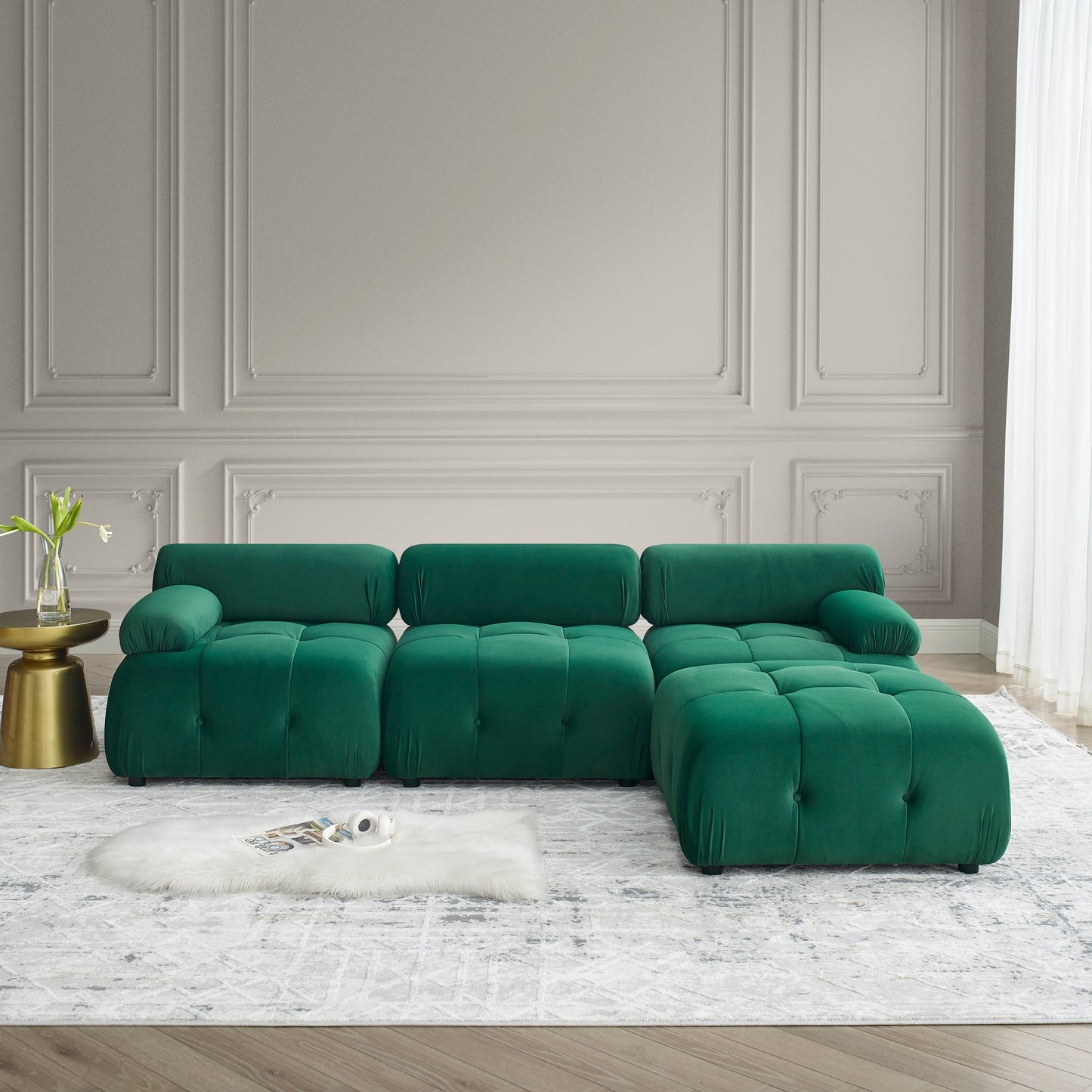 Modular Sectional Sofa,  L Shaped Couch With Reversible Ottoman, Green Velvet