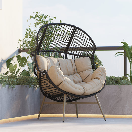 Cori Outdoor Patio Black Faux Wicker Egg Chair, with Khaki Cushion