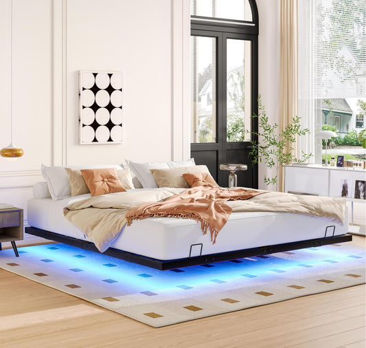 King Size Floating Bed Frames with LED Lights, Metal Platform Bed