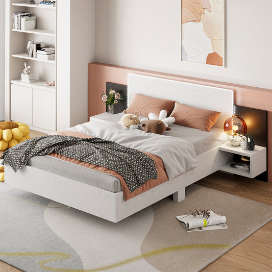 Solange Queen Size Bed Frame, with LED Lights, Bedside Nightstand, White
