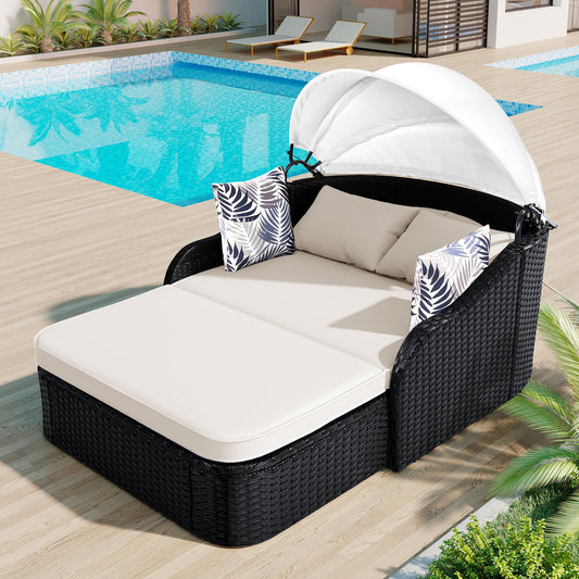 Outdoor Double Sunbed lounge, Black Wicker and Beige Cushion