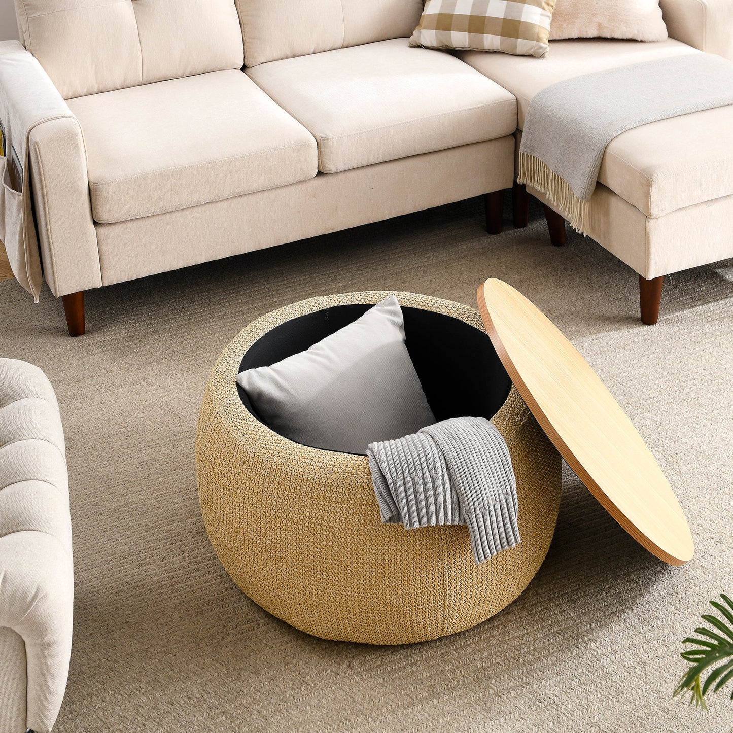 Round Storage Ottoman and end table, 2 in 1