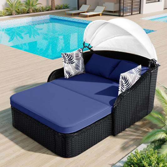 Outdoor Double Sunbed lounge, Black Wicker and Blue Cushion
