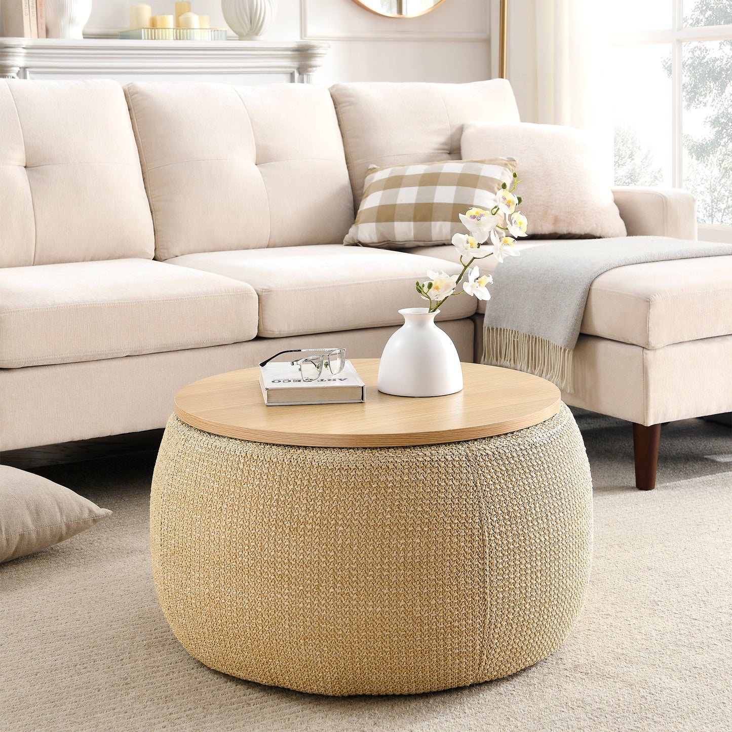 Round Storage Ottoman and end table, 2 in 1