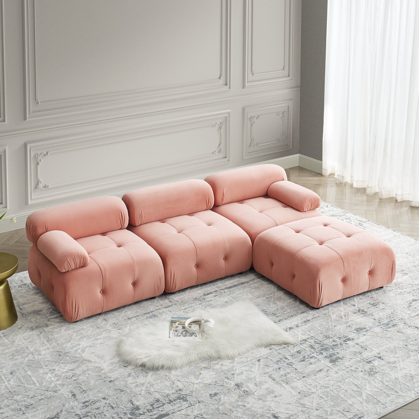 Modular Sectional Sofa, L Shaped Couch With Reversible Ottoman, Pink Velvet