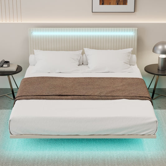 Modern Upholstered Floating Bed Frame with LED Lights. Queen Size, Beige