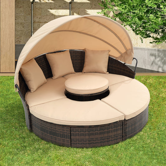 KD Rattan Round Lounge Wicker Outdoor Sofa Bed. Beige.