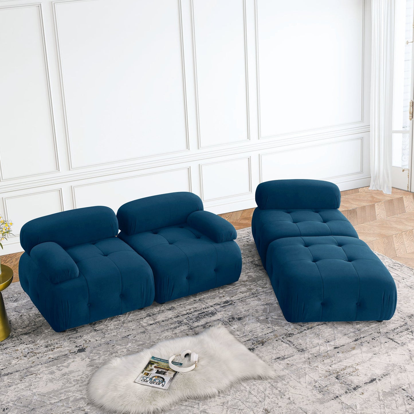 Modular Sectional Sofa, L Shaped Couch With Reversible Ottoman, Navy Velvet