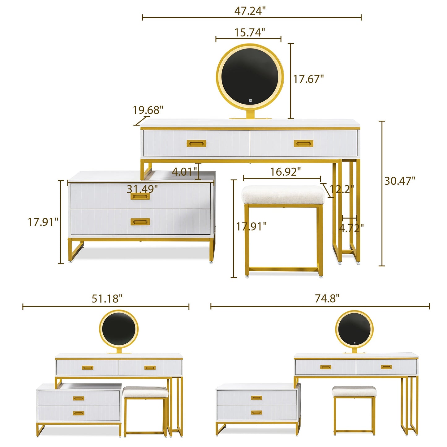 Modern Style Vanity Table  With Mirror and 3-Colors LED