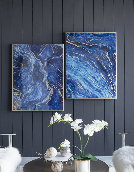 Blue and Gold Unique Marbled Design Framed Art Panels