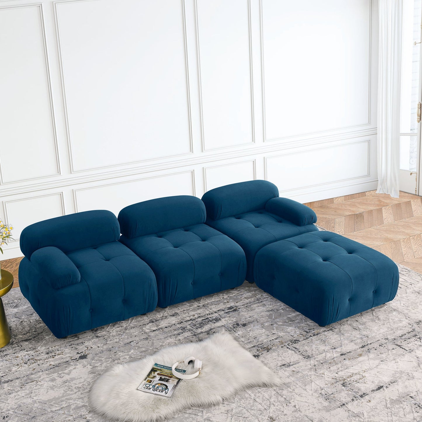 Modular Sectional Sofa, L Shaped Couch With Reversible Ottoman, Navy Velvet