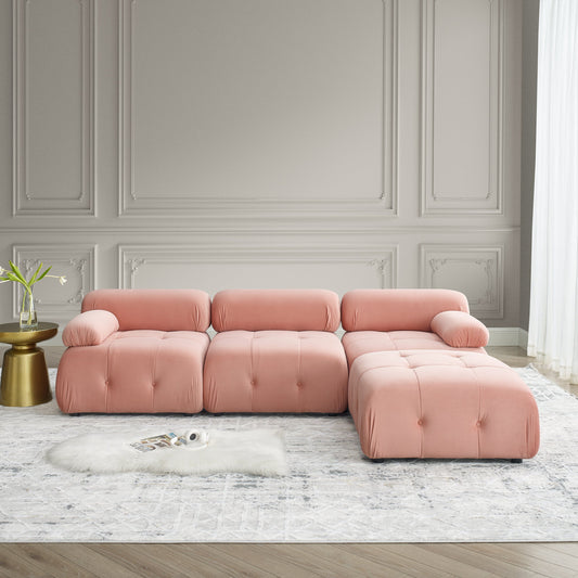 Modular Sectional Sofa, L Shaped Couch With Reversible Ottoman, Pink Velvet