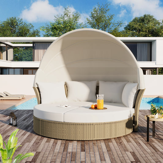 Outdoor Patio Daybed Wicker Rattan Double Daybed, Beige.