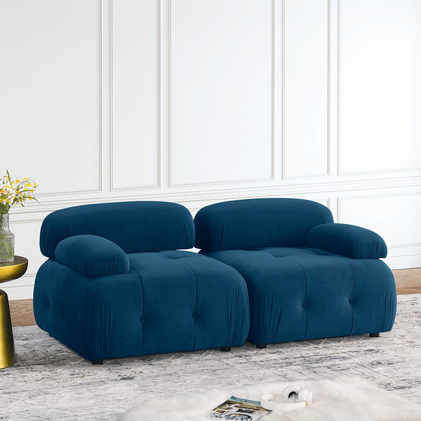 Modular Sectional Sofa, L Shaped Couch With Reversible Ottoman, Navy Velvet