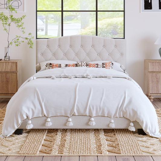 Upholstered Platform Bed with Saddle Curved Headboard and Diamond Tufted Details. Queen size, Beige