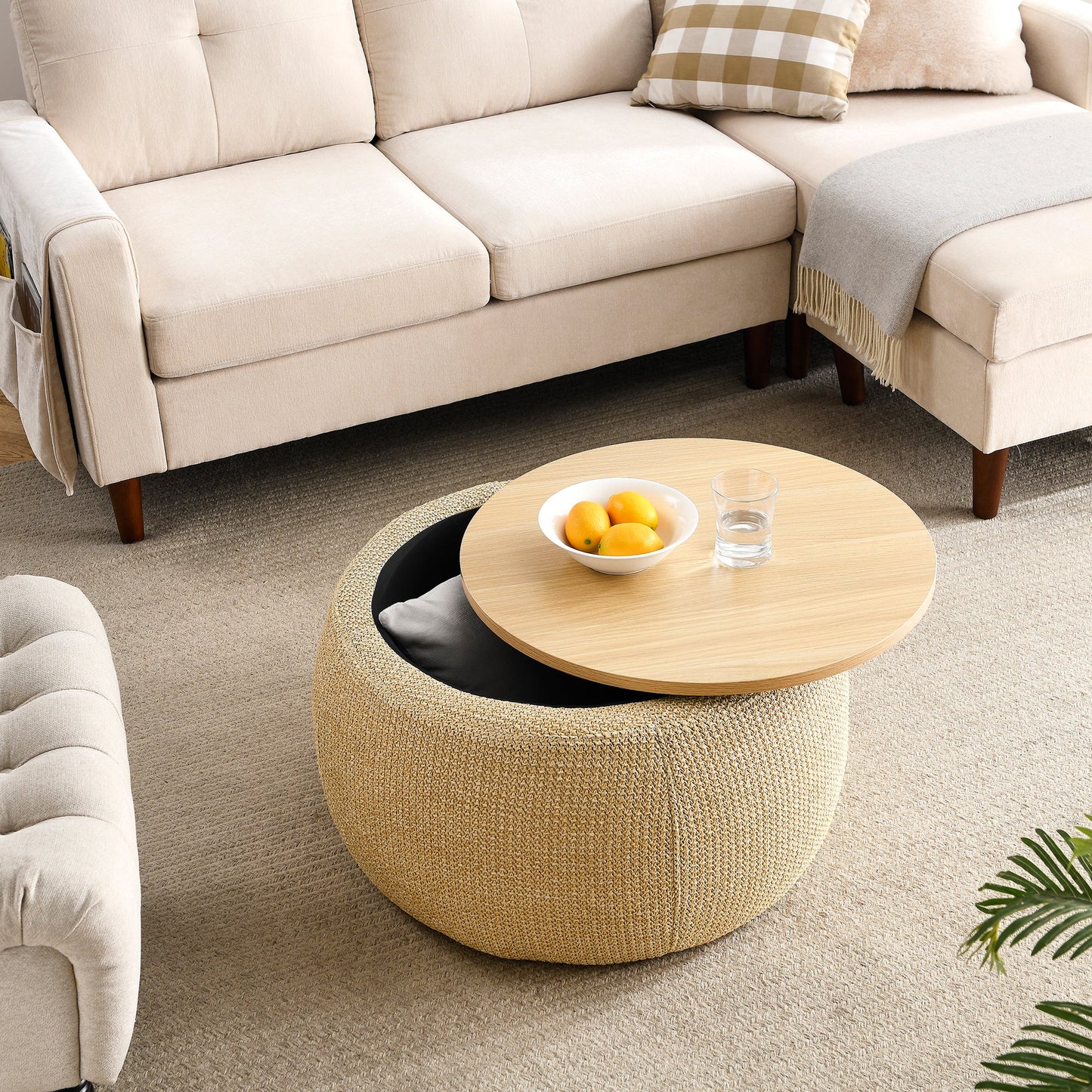 Round Storage Ottoman and end table, 2 in 1