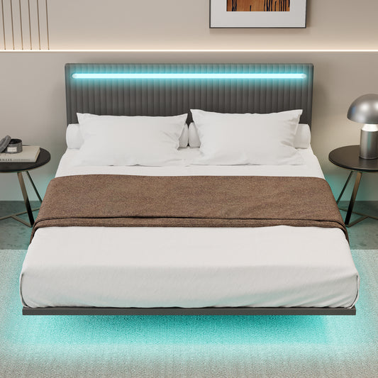 Modern Upholstered Floating Bed Frame with LED Lights. Queen Size, Gray
