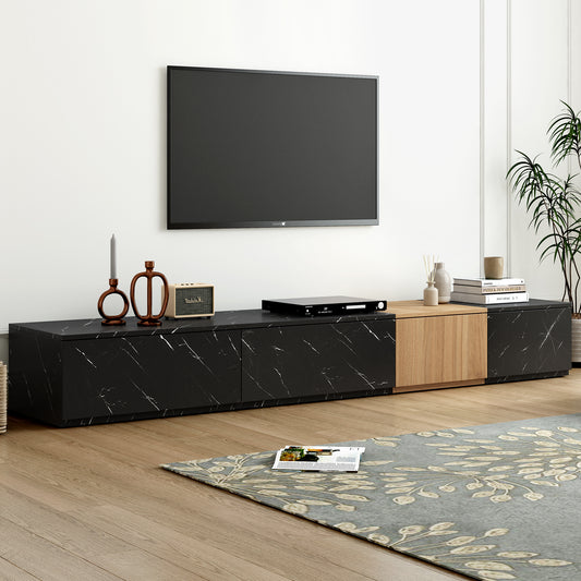 The Box Faux Marble and Walnut Wood Grain Finish Modular TV Stand and Entertainment Console, Black