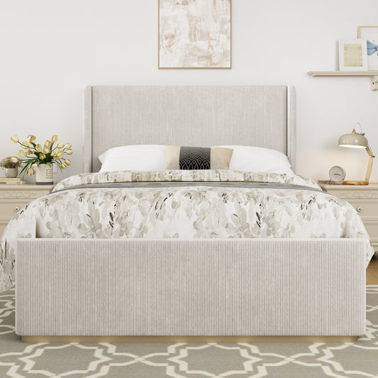King Size Corduroy Upholstered Bed Frame. Light Grey