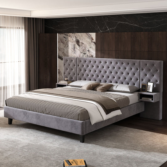 Bryan King Size Platform Bed Frame with 2 Nightstands, Grey