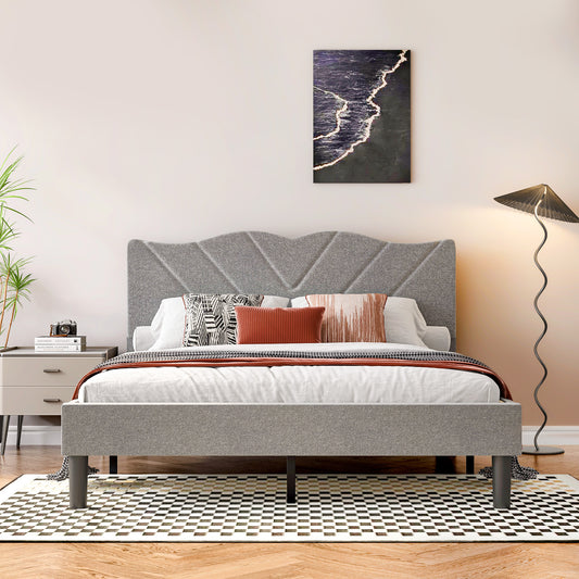 Modern Platform Bed Frame with Upholstered Headboard & Wooden Slats - Queen size, Grey
