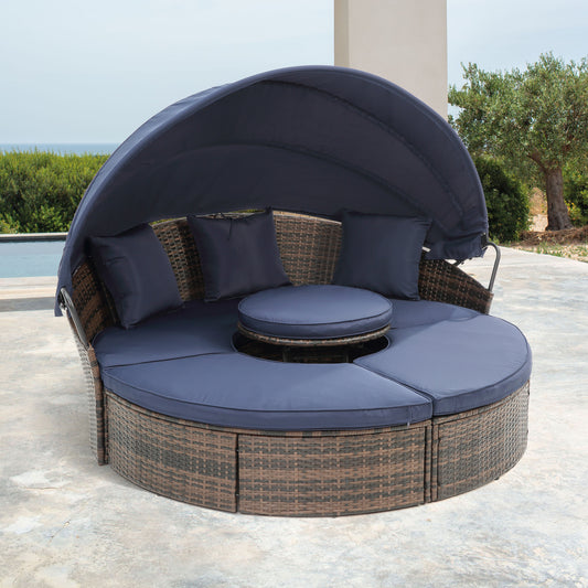 KD Rattan Round Lounge Wicker Outdoor Sofa Bed, Blue.