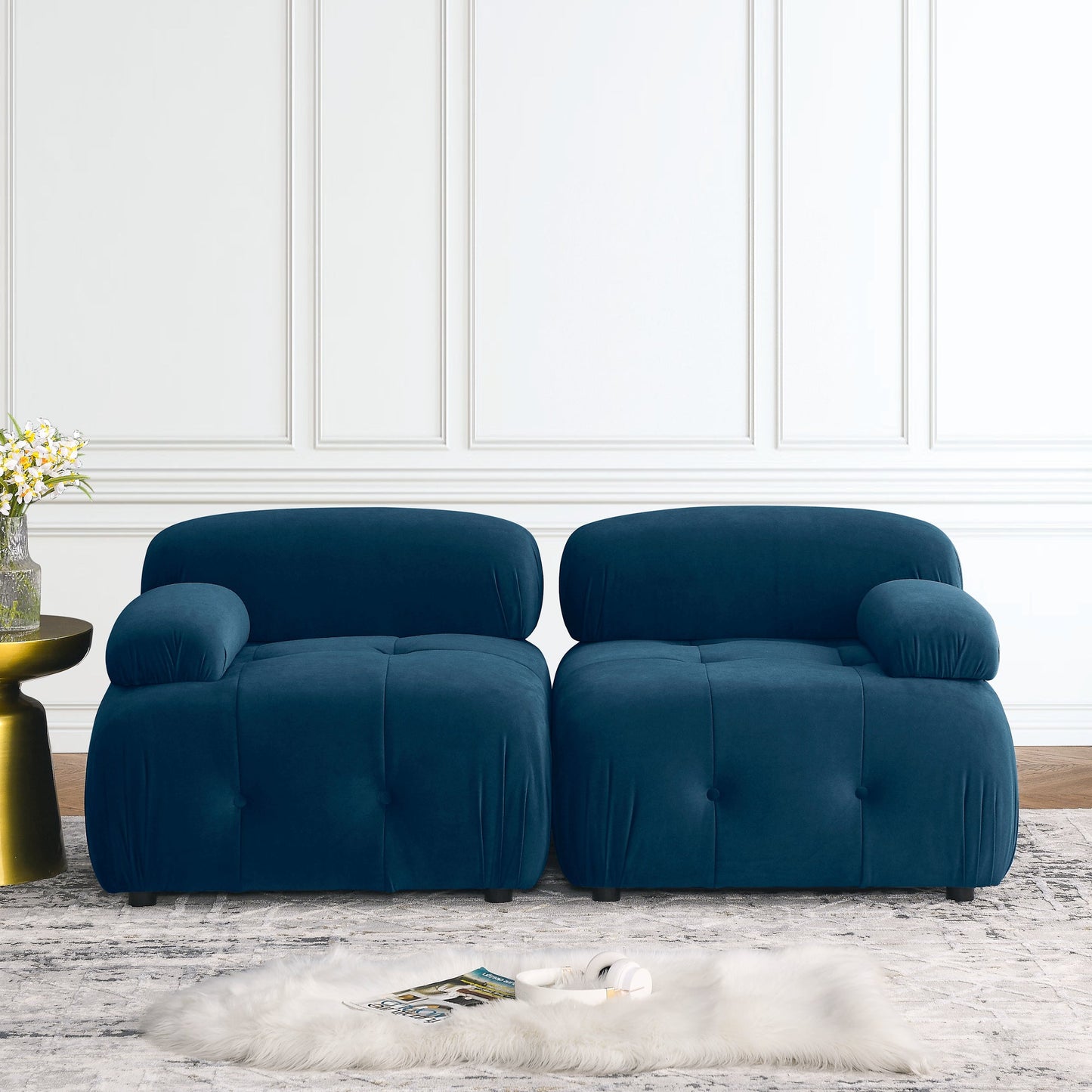 Modular Sectional Sofa, L Shaped Couch With Reversible Ottoman, Navy Velvet