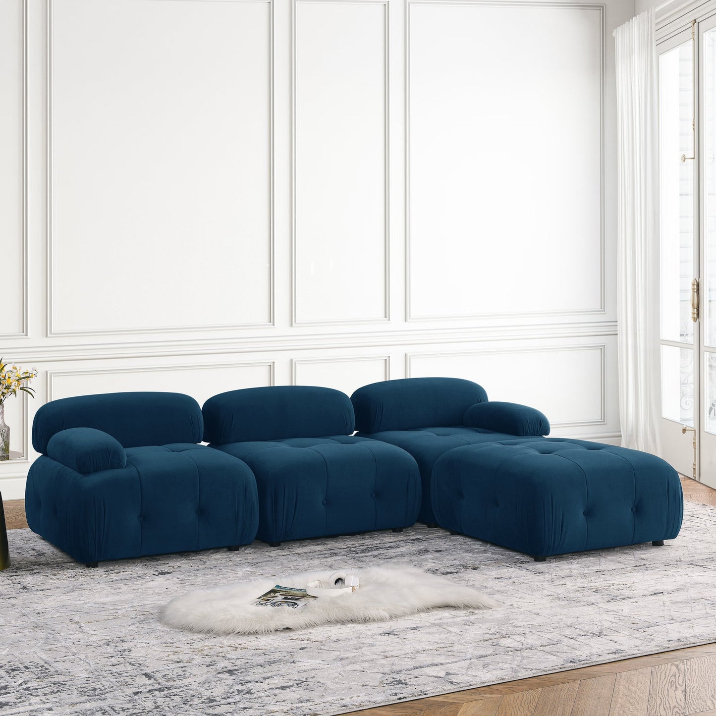 Modular Sectional Sofa, L Shaped Couch With Reversible Ottoman, Navy Velvet